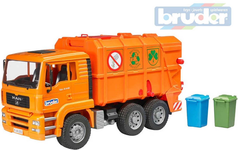 BRUDER 02760 (2760) Set auto nákladní oranžové MAN TGS popeláři + 2 popelnice plast